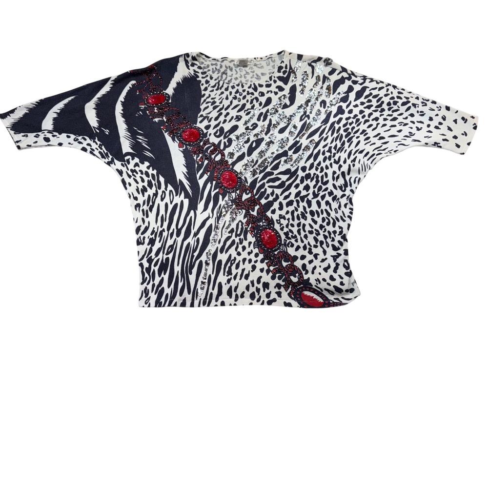 Vintage Mixed Animal Print Batwing Top Red Beaded Sequin Dolman Sleeve 90s Med